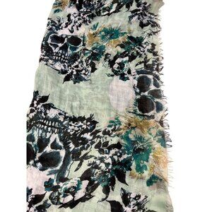 Skull and Bones Scarf Lightweight with Frayed Edges Black Gold, Green